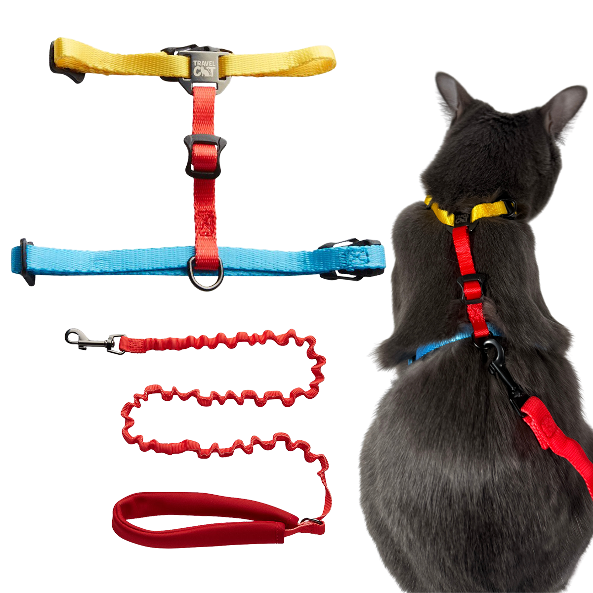 "The Day Tripper" Perfect Adjustable H-Style Cat Harness & Bungee Leash Set - Color Block
