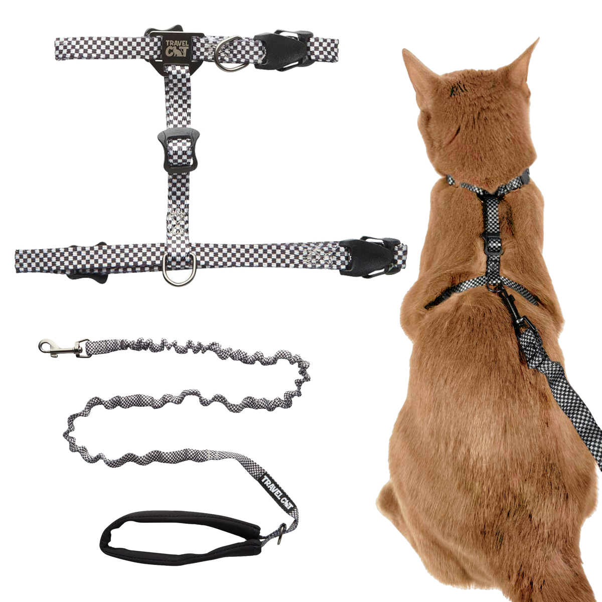 "The Day Tripper" Perfect Adjustable H-Style Cat Harness & Bungee Leash Set - Checkered